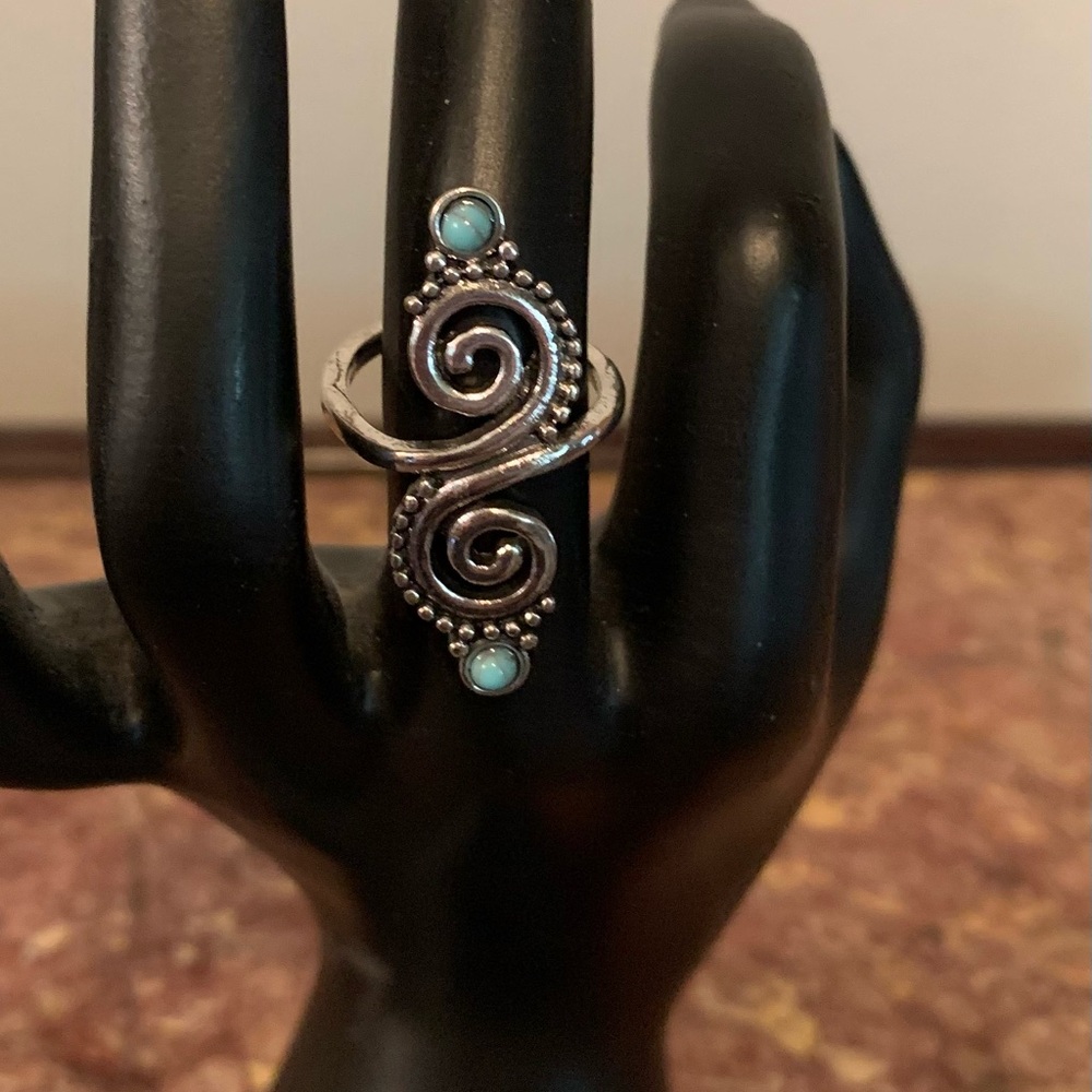 Silver Swirl Ring with Turquoise Accents SZ 6